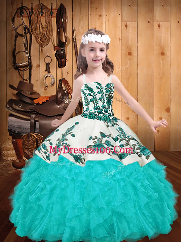 Wonderful Aqua Blue Zipper Straps Embroidery and Ruffles Little Girl Pageant Gowns Organza Sleeveless