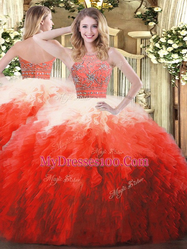Sexy Multi-color Sweet 16 Dresses Military Ball and Sweet 16 and Quinceanera with Beading and Ruffles Halter Top Sleeveless Zipper