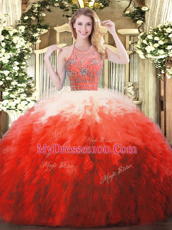 Sexy Multi-color Sweet 16 Dresses Military Ball and Sweet 16 and Quinceanera with Beading and Ruffles Halter Top Sleeveless Zipper