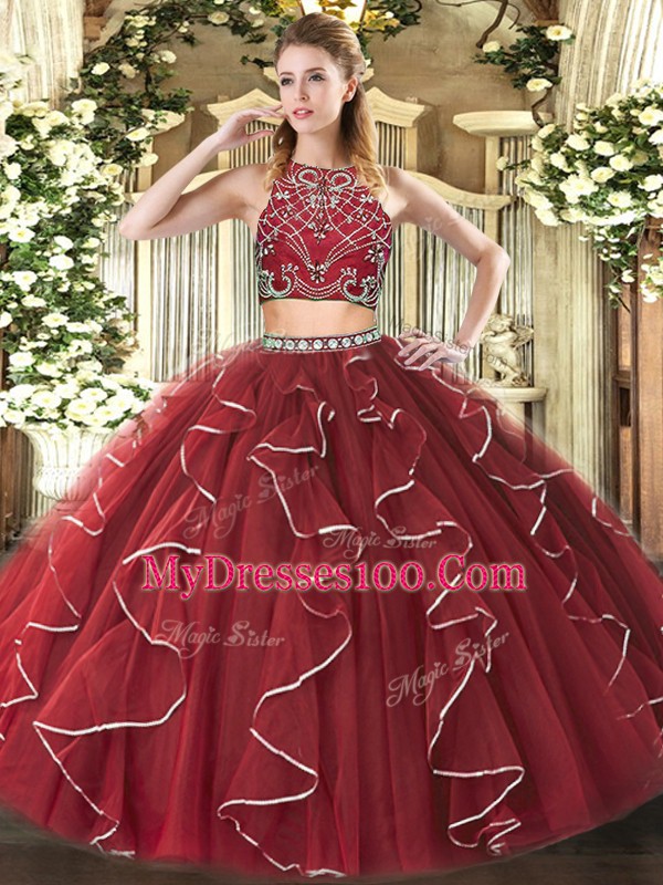 Sleeveless Floor Length Beading and Ruffles Zipper Quinceanera Gowns with Burgundy