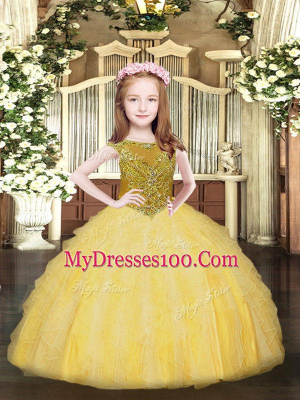 Floor Length Zipper Pageant Dress for Girls Gold for Party and Quinceanera with Beading and Ruffles