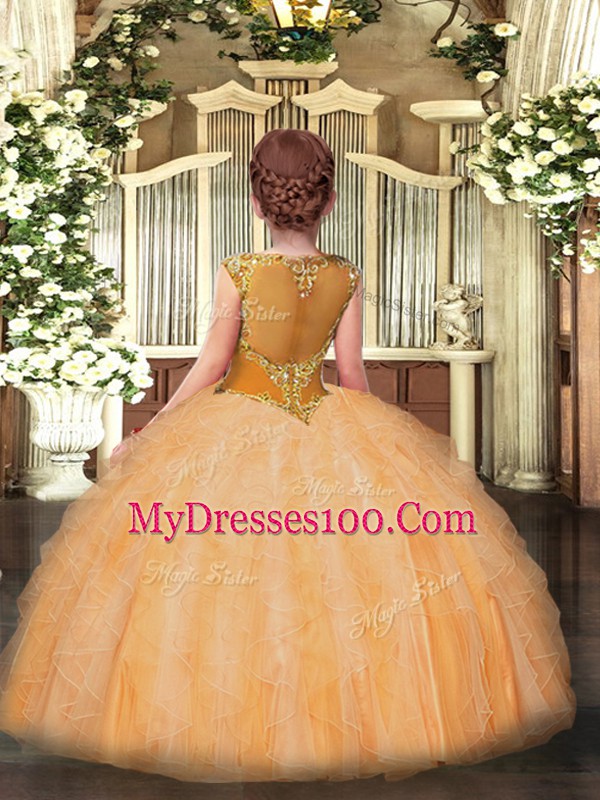 Floor Length Zipper Pageant Dress for Girls Gold for Party and Quinceanera with Beading and Ruffles
