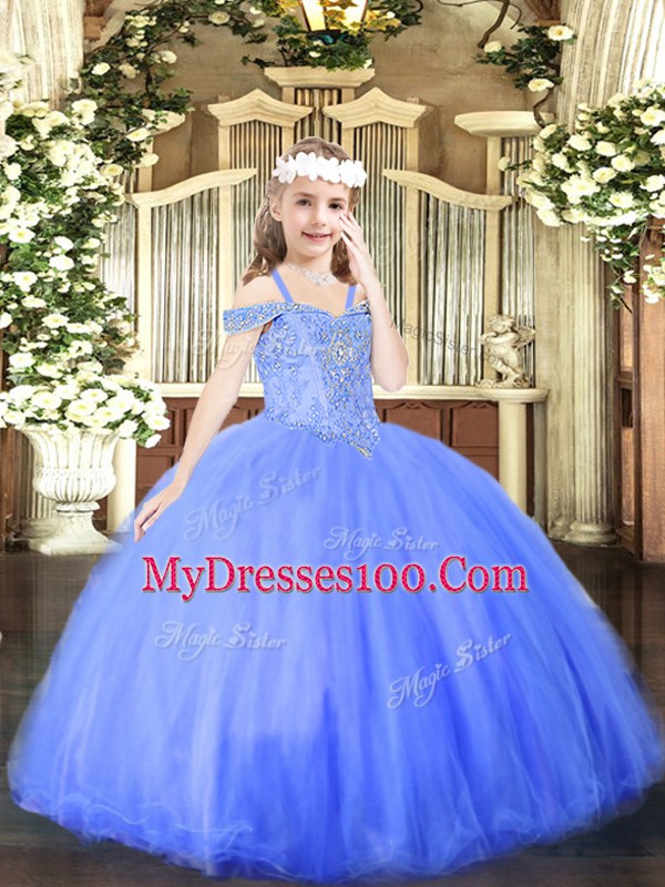 Latest Off The Shoulder Sleeveless Tulle Custom Made Pageant Dress Beading Lace Up