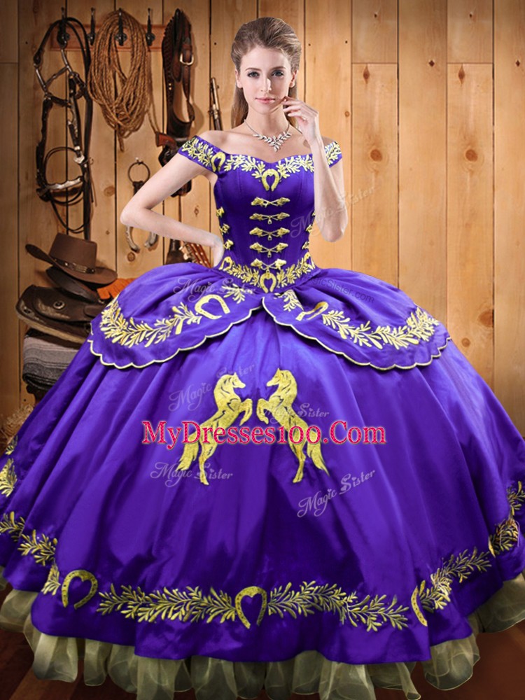 Custom Fit Beading and Embroidery Quinceanera Dresses Eggplant Purple Lace Up Sleeveless Floor Length