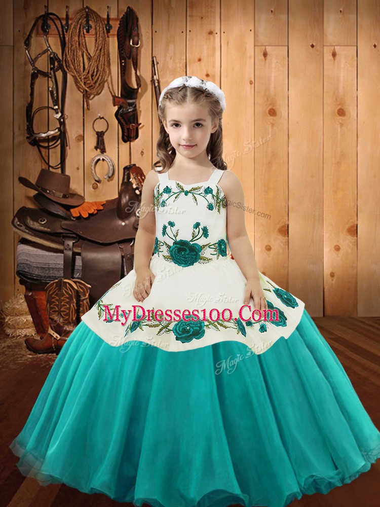 Beautiful Straps Sleeveless Little Girls Pageant Dress Wholesale Floor Length Embroidery Aqua Blue Organza