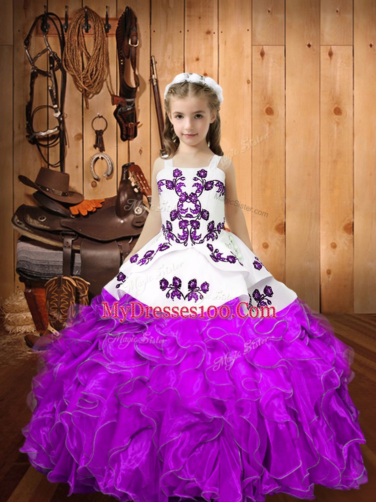 Attractive Sleeveless Organza Floor Length Lace Up Girls Pageant Dresses in Eggplant Purple with Embroidery and Ruffles