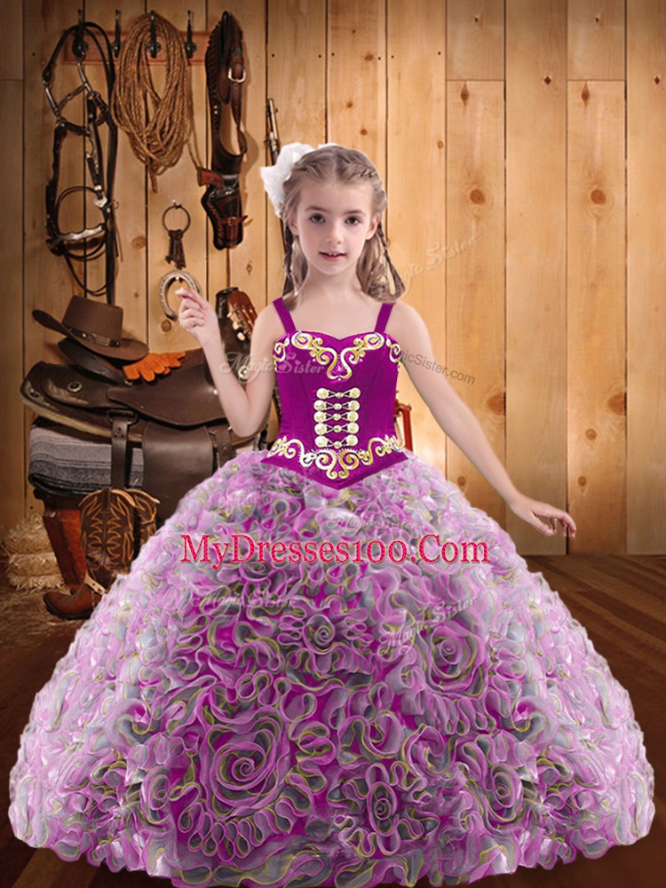 Trendy Multi-color Ball Gowns Straps Sleeveless Fabric With Rolling Flowers Floor Length Lace Up Embroidery and Ruffles Little Girl Pageant Gowns