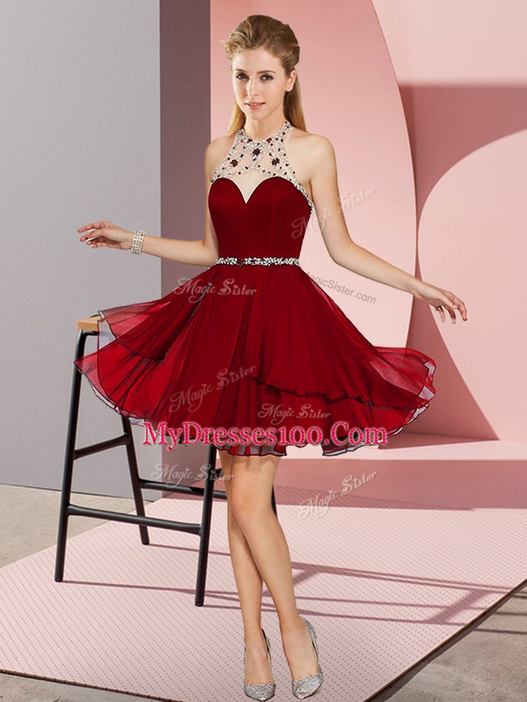 Sumptuous Mini Length Zipper Evening Dress Burgundy for Prom and Party with Beading