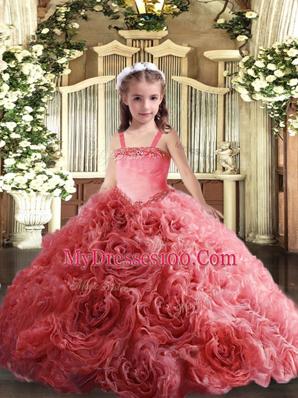 Coral Red Fabric With Rolling Flowers Lace Up Straps Sleeveless Floor Length Little Girl Pageant Gowns Appliques