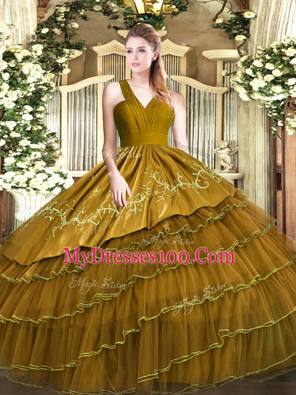 Flare V-neck Sleeveless Satin and Organza Ball Gown Prom Dress Embroidery and Ruffled Layers Zipper