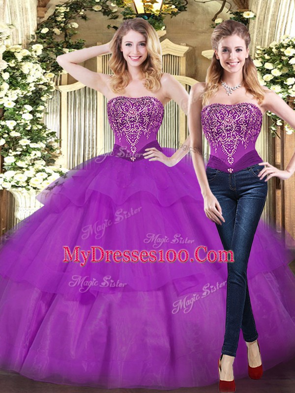 Modern Eggplant Purple Ball Gowns Tulle Strapless Sleeveless Beading and Ruffled Layers Floor Length Lace Up Ball Gown Prom Dress