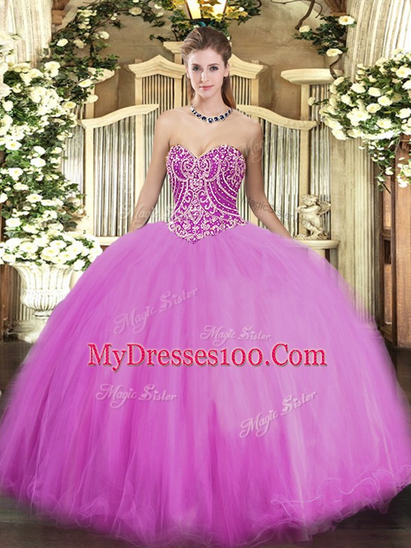 Lilac Lace Up Sweetheart Beading Quince Ball Gowns Tulle Sleeveless