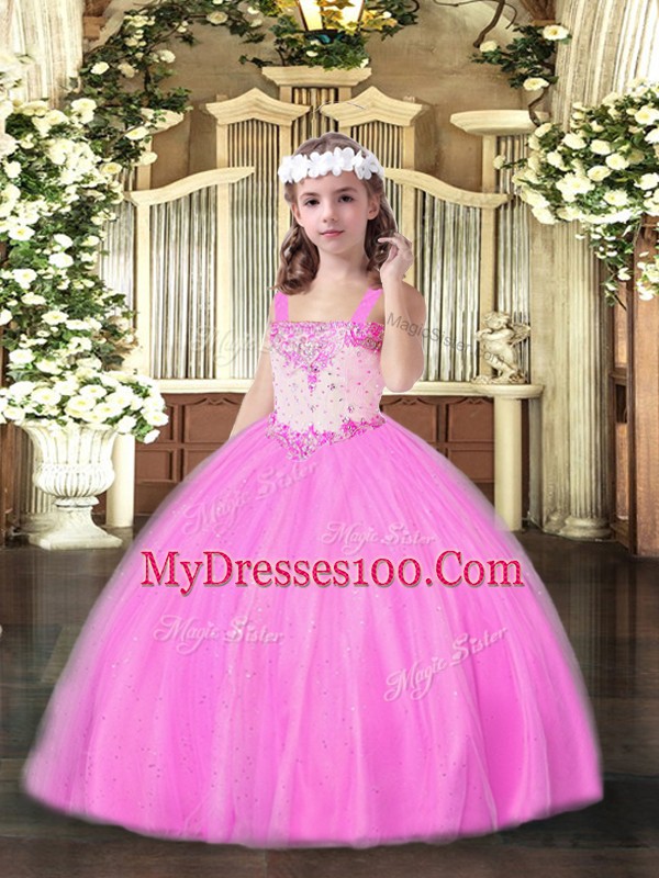 Classical Beading Pageant Dresses Rose Pink Lace Up Sleeveless Floor Length