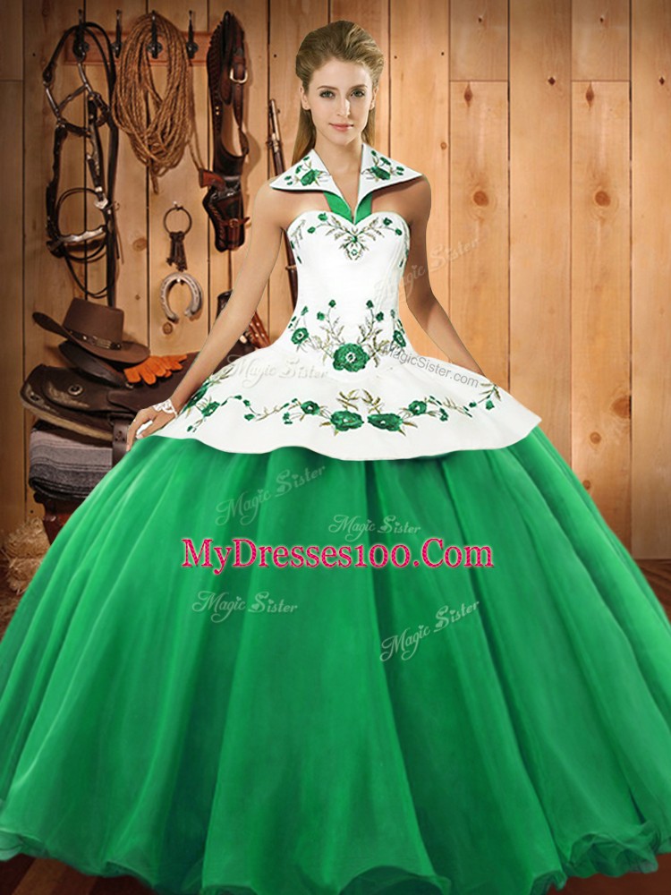 Green Halter Top Neckline Embroidery Quinceanera Gowns Sleeveless Lace Up