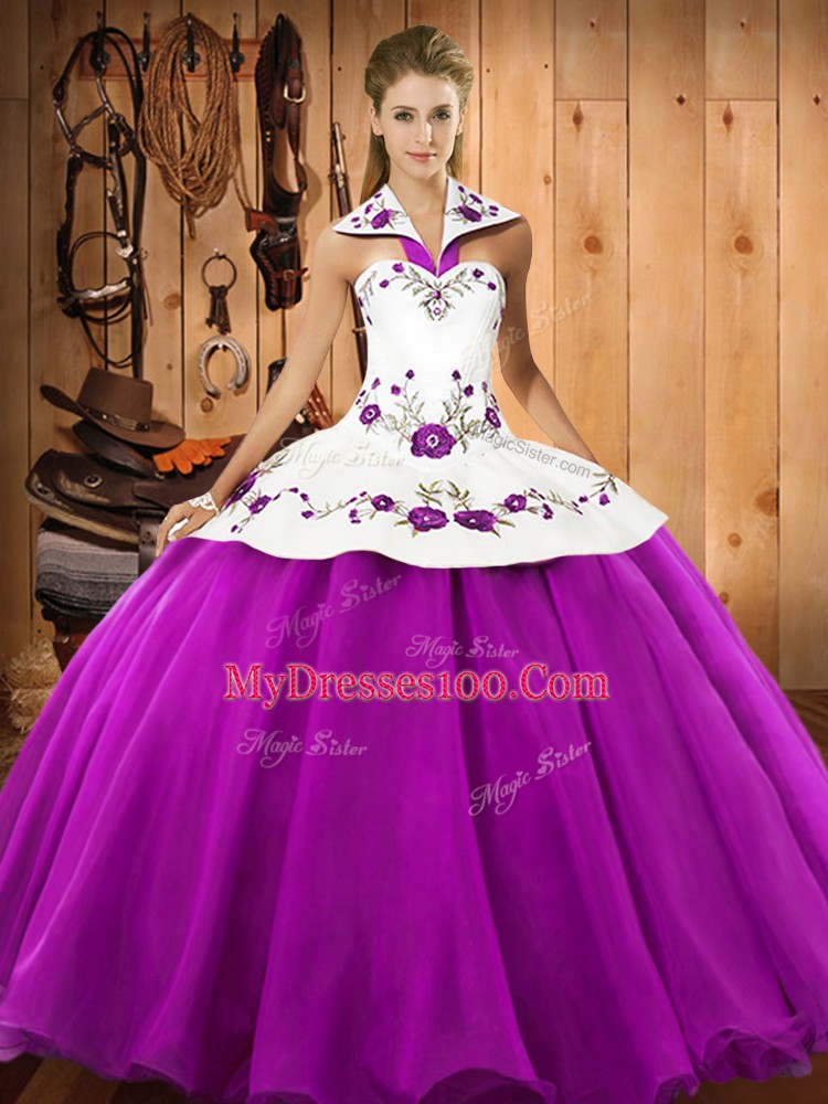 Fuchsia Ball Gowns Satin and Tulle Halter Top Sleeveless Embroidery Floor Length Lace Up Quinceanera Dresses