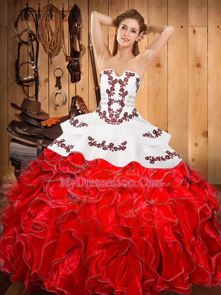 Wine Red Ball Gowns Satin and Organza Strapless Sleeveless Embroidery and Ruffles Floor Length Lace Up Quinceanera Gowns