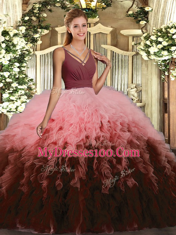 Captivating Multi-color Ball Gowns Organza V-neck Sleeveless Ruffles Floor Length Backless Quinceanera Gowns