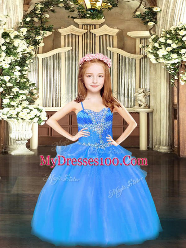 Baby Blue Ball Gowns Organza Spaghetti Straps Sleeveless Beading Floor Length Lace Up Pageant Gowns For Girls