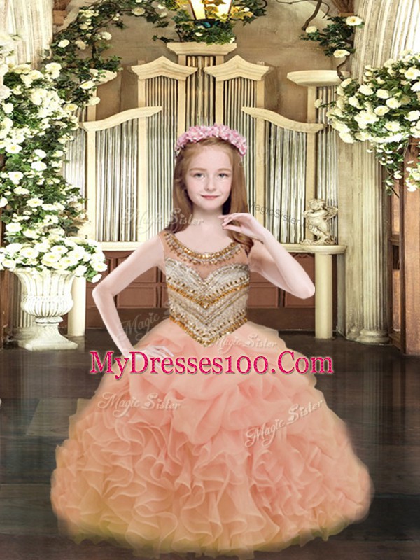 Sleeveless Floor Length Beading and Ruffles and Pick Ups Lace Up Little Girls Pageant Gowns with Orange