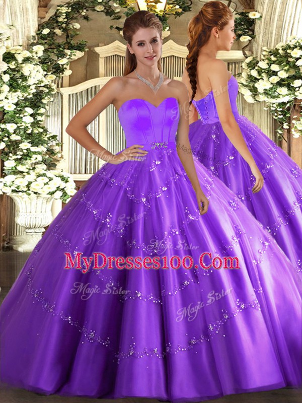 Traditional Sweetheart Sleeveless Lace Up 15 Quinceanera Dress Eggplant Purple Tulle