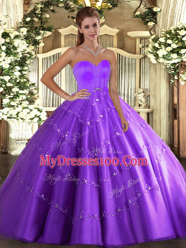 Traditional Sweetheart Sleeveless Lace Up 15 Quinceanera Dress Eggplant Purple Tulle