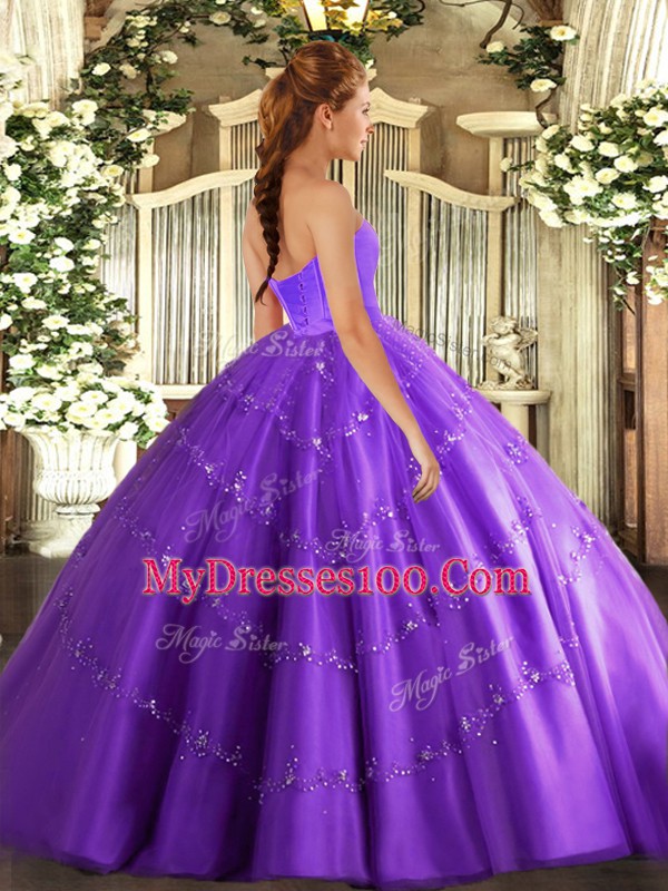 Traditional Sweetheart Sleeveless Lace Up 15 Quinceanera Dress Eggplant Purple Tulle