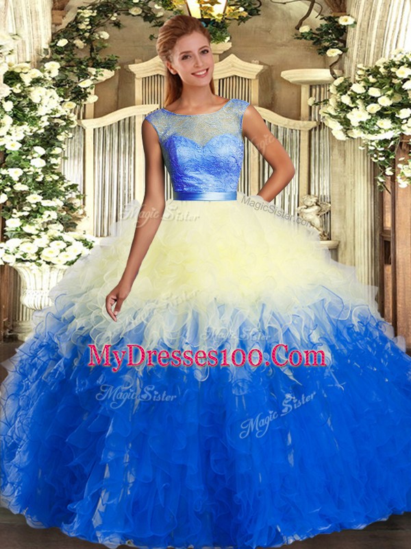 Sexy Lace and Ruffles Vestidos de Quinceanera Multi-color Backless Sleeveless Floor Length