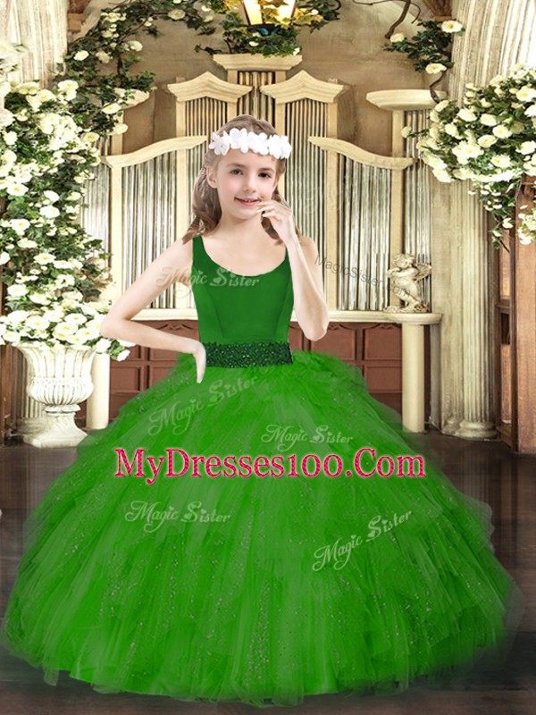 Green Zipper Scoop Beading and Ruffles Pageant Dress for Womens Tulle Sleeveless
