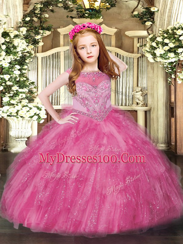 Beauteous Hot Pink Scoop Neckline Beading and Ruffles Kids Formal Wear Sleeveless Zipper