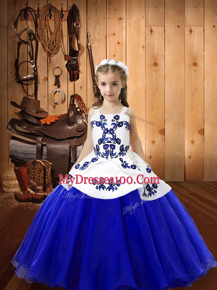 Blue Ball Gowns Embroidery Little Girl Pageant Dress Lace Up Organza Sleeveless Floor Length