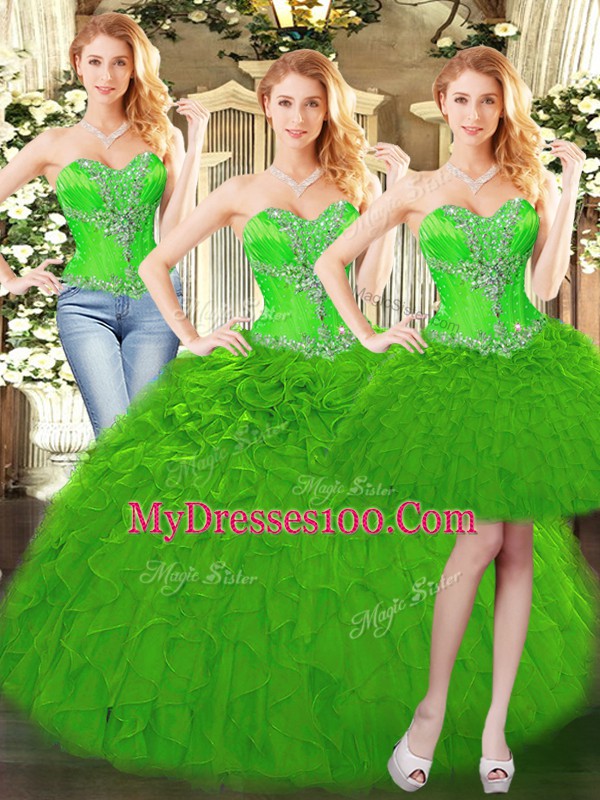 Green Lace Up Quince Ball Gowns Beading and Ruffles Sleeveless Floor Length