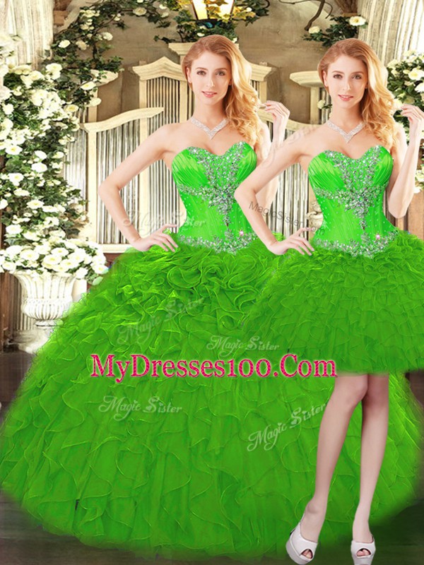 Green Lace Up Quince Ball Gowns Beading and Ruffles Sleeveless Floor Length