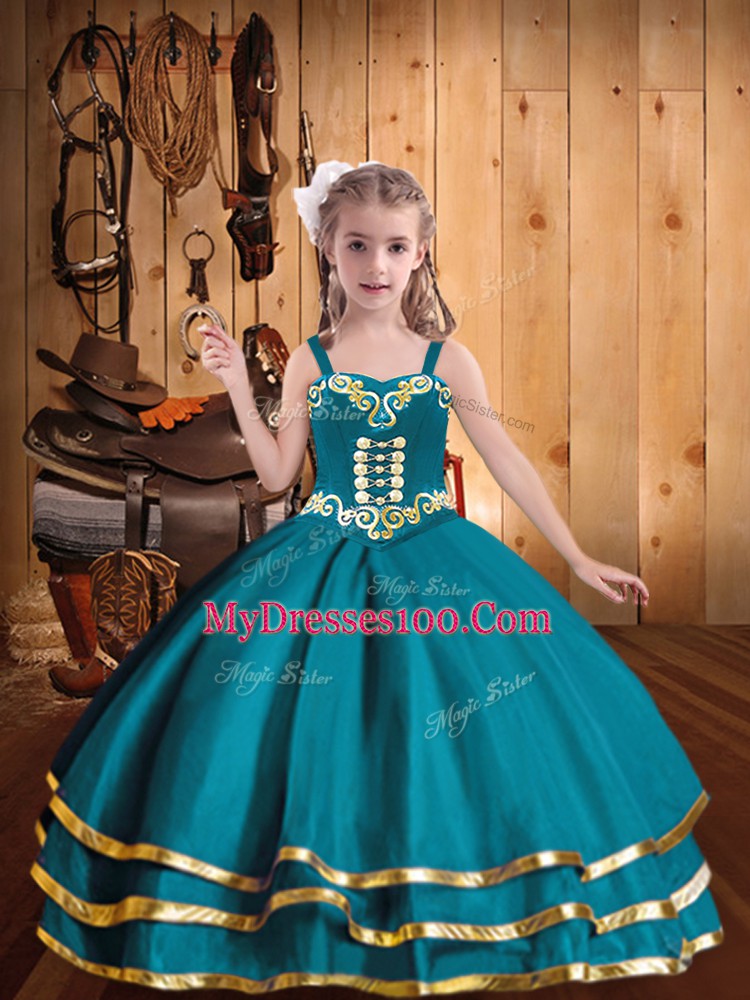 Sleeveless Lace Up Floor Length Embroidery and Ruffled Layers Pageant Dress Wholesale