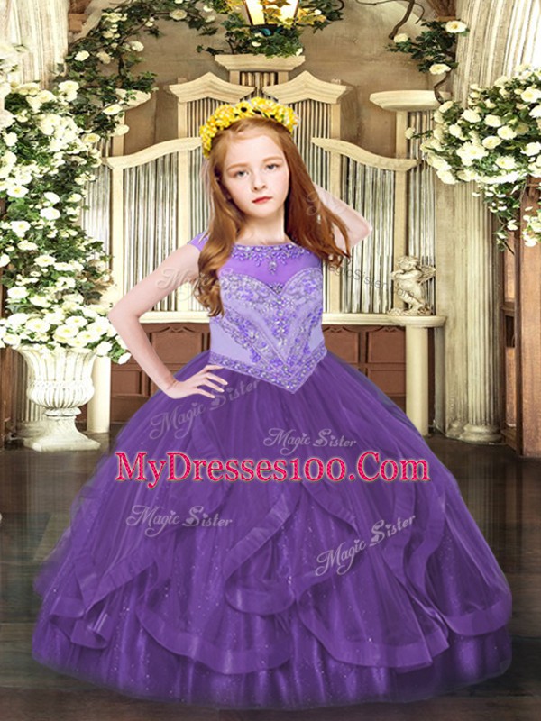 Purple Sleeveless Floor Length Beading and Ruffles Zipper Evening Gowns