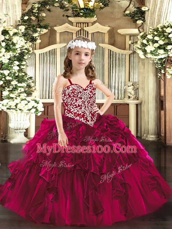 Custom Made Fuchsia Ball Gowns Organza Straps Sleeveless Beading and Ruffles Floor Length Lace Up Little Girl Pageant Dress
