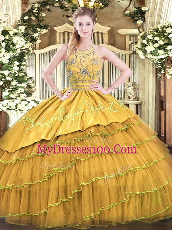 Halter Top Sleeveless Sweet 16 Quinceanera Dress Floor Length Beading and Embroidery and Ruffled Layers Gold Satin and Organza