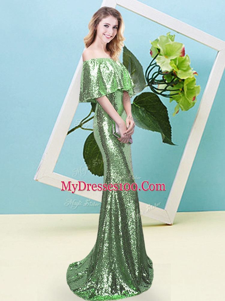 Half Sleeves Zipper Floor Length Sequins Prom Party Dress