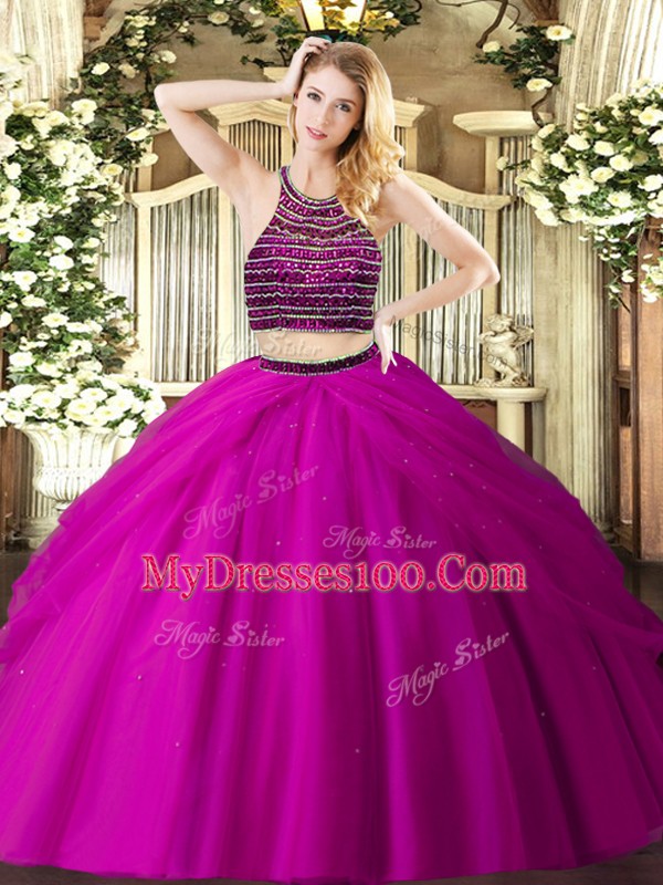 Exceptional Floor Length Fuchsia Quinceanera Dresses Tulle Sleeveless Beading and Ruching