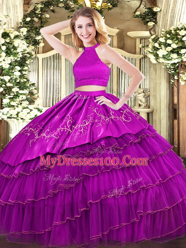 New Style Fuchsia Sleeveless Floor Length Beading and Embroidery and Ruffled Layers Backless Quinceanera Gowns
