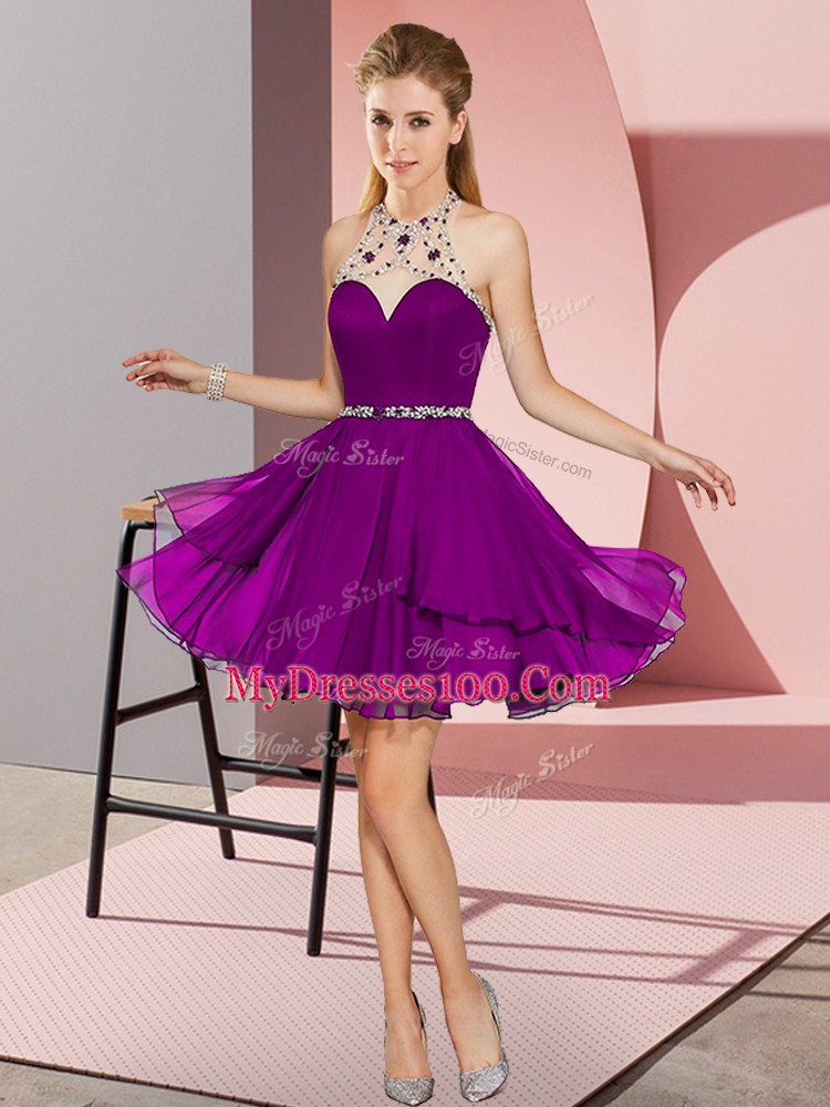 Mini Length Empire Sleeveless Dark Purple Prom Evening Gown Zipper