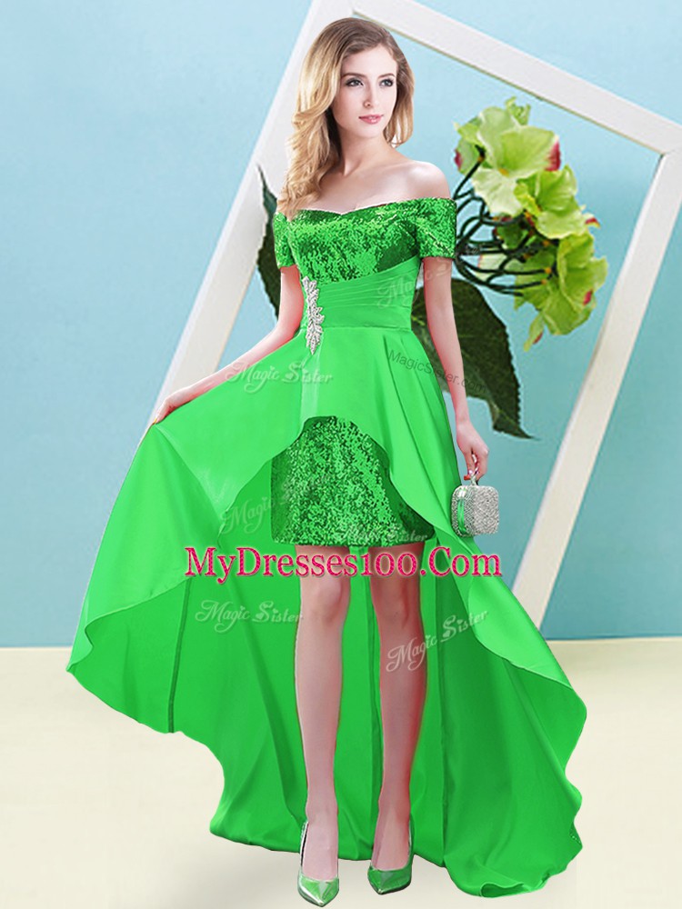 Green Elastic Woven Satin and Sequined Lace Up Homecoming Dress Short Sleeves High Low Beading