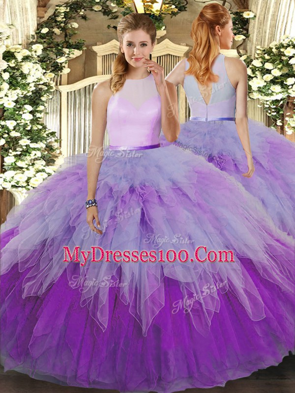 Custom Design Multi-color High-neck Neckline Ruffles Ball Gown Prom Dress Sleeveless Zipper