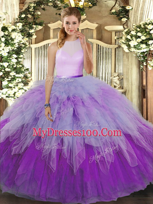 Custom Design Multi-color High-neck Neckline Ruffles Ball Gown Prom Dress Sleeveless Zipper