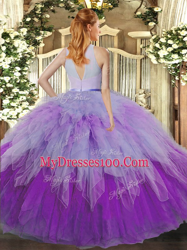 Custom Design Multi-color High-neck Neckline Ruffles Ball Gown Prom Dress Sleeveless Zipper