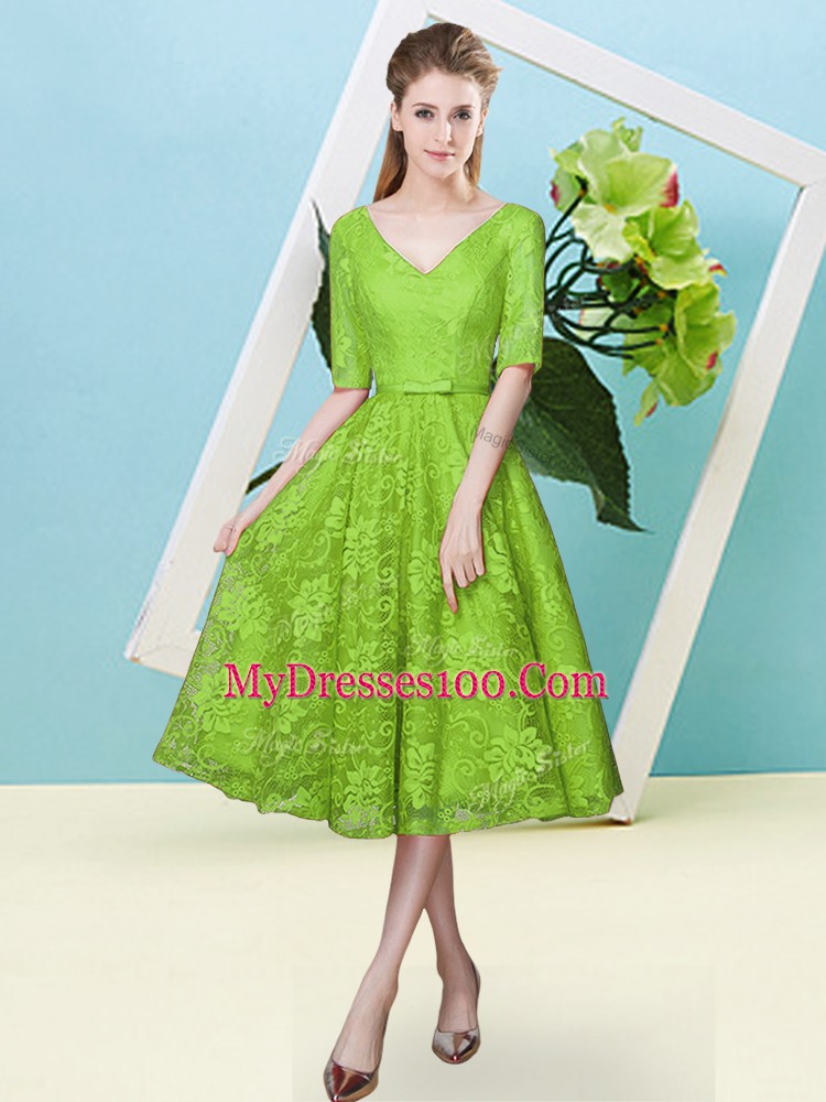 Colorful Empire Bowknot Quinceanera Dama Dress Lace Up Lace Half Sleeves Tea Length