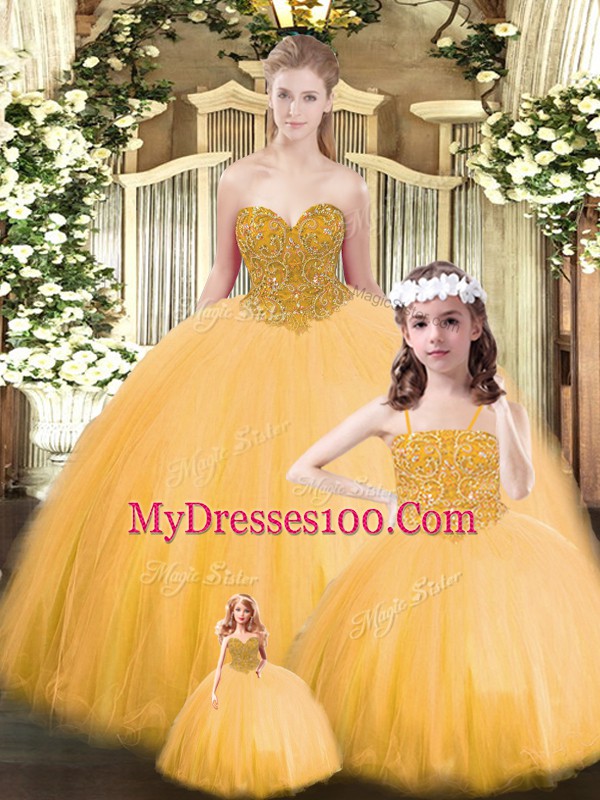 Low Price Sleeveless Floor Length Beading Lace Up Quinceanera Dresses with Gold