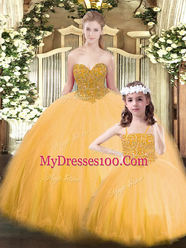 Low Price Sleeveless Floor Length Beading Lace Up Quinceanera Dresses with Gold