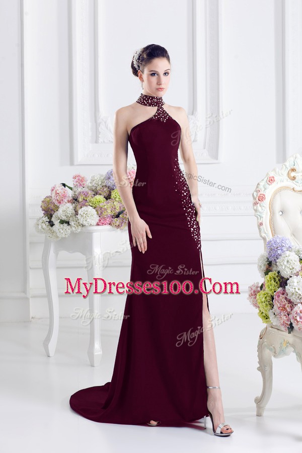 Beauteous Burgundy Sleeveless Elastic Woven Satin Sweep Train Lace Up Prom Dress for Prom and Party