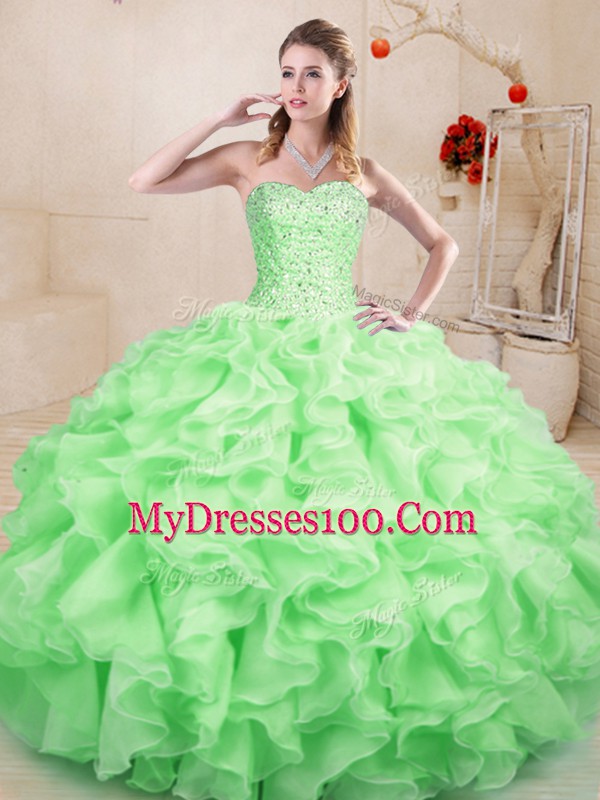 Colorful Sweetheart Sleeveless Quinceanera Dress Floor Length Beading and Ruffles Apple Green Organza