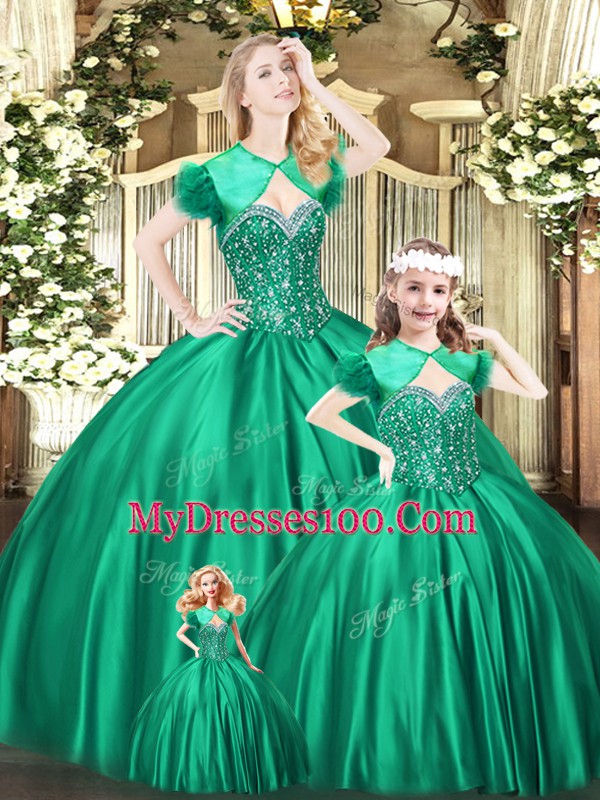 Super Floor Length Lace Up Sweet 16 Quinceanera Dress Green for Military Ball and Sweet 16 and Quinceanera with Beading